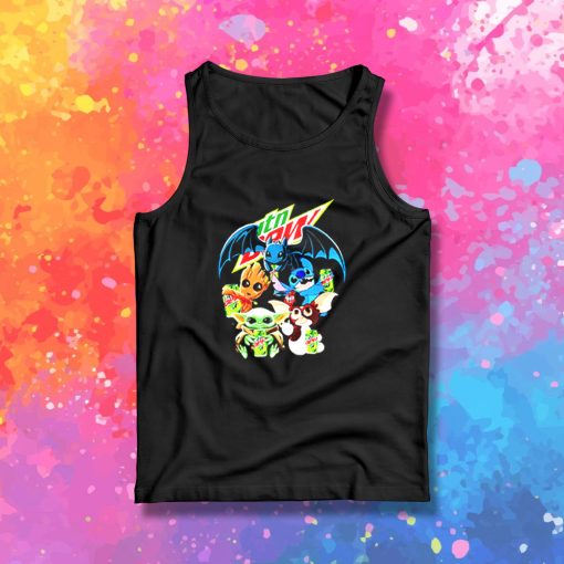 Baby Yoda Groot Stitch Toothless hugging Mtn Dew Tank Top