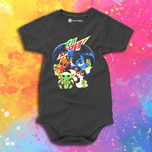 Baby Yoda Groot Stitch Toothless hugging Mtn Dew Baby Onesie