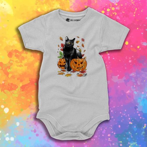 Cat Leaves and Pumpkins Baby Onesie