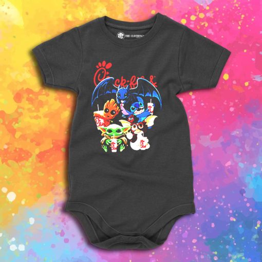 Chick Fil A Baby Yoda Baby Groot and Toothless Stitch Gizmo Baby Onesie